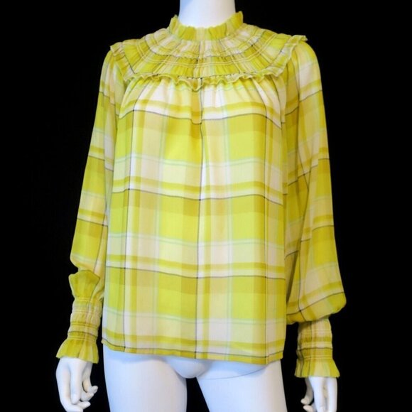 Ann Taylor Plaid Smocked Yoke Top Bright Celery Blouse Career $98 Women's Medium - Picture 2 of 4